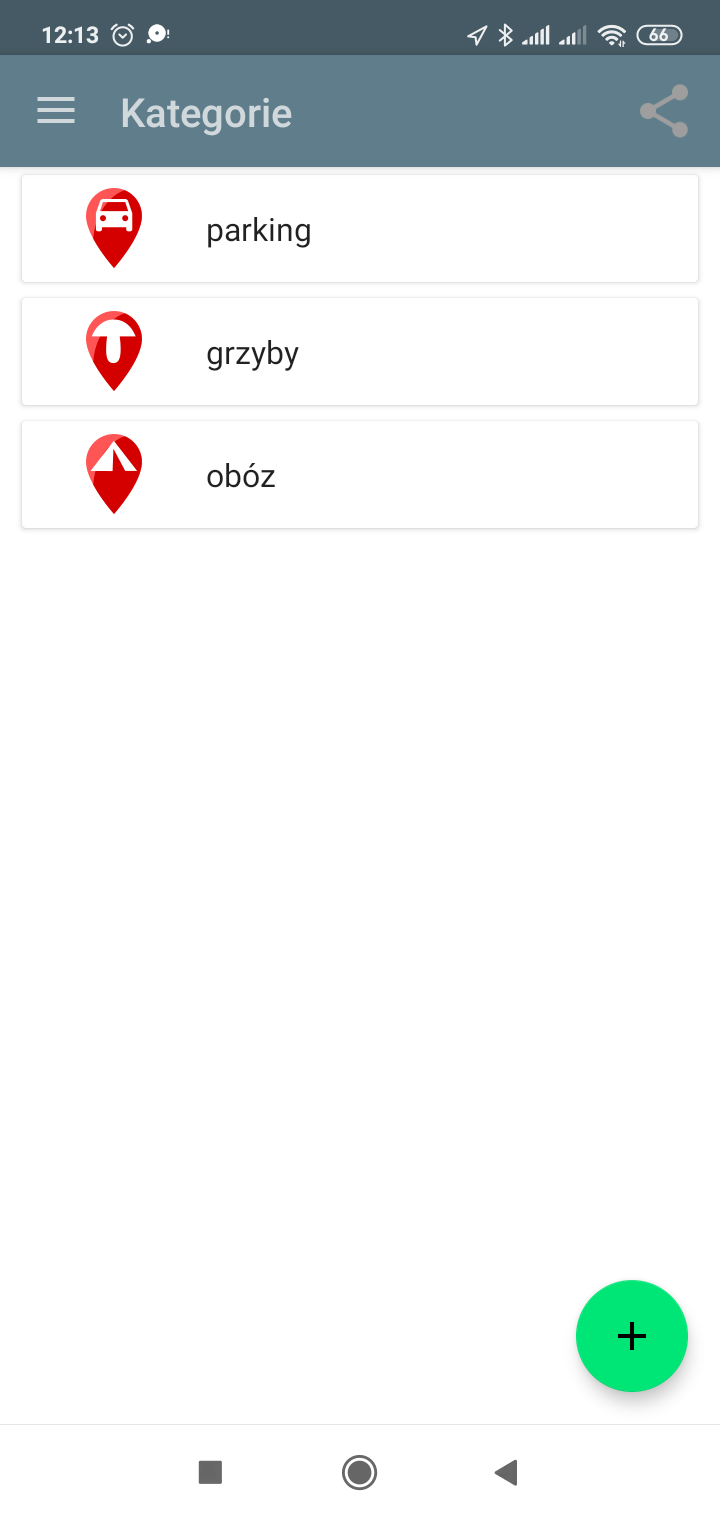 Ekran kategorii lokalizacji w aplikacji